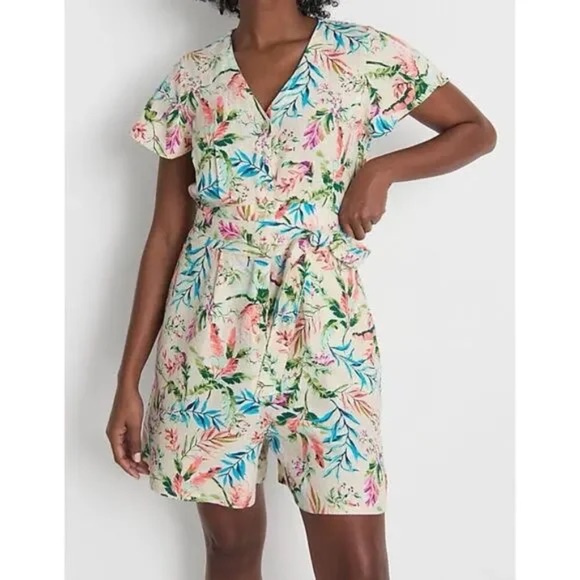Lands' End Flutter Sleeve 100% Linen Romper Floral Palm Size 12 Women - Picture 1 of 10